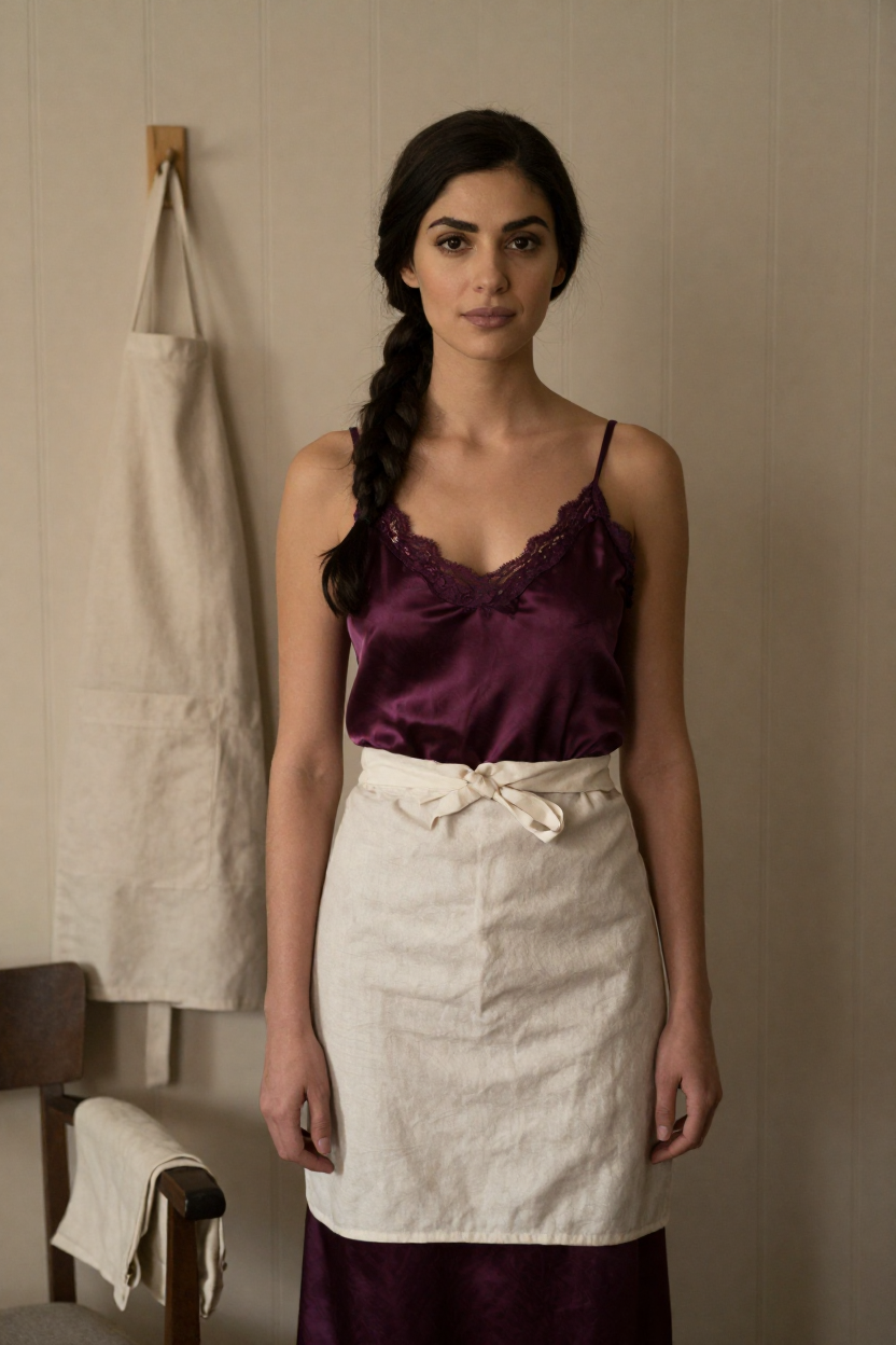 Fictional 27-year-old woman, long dark hair in a low side braid over one shoulder, defined brows,